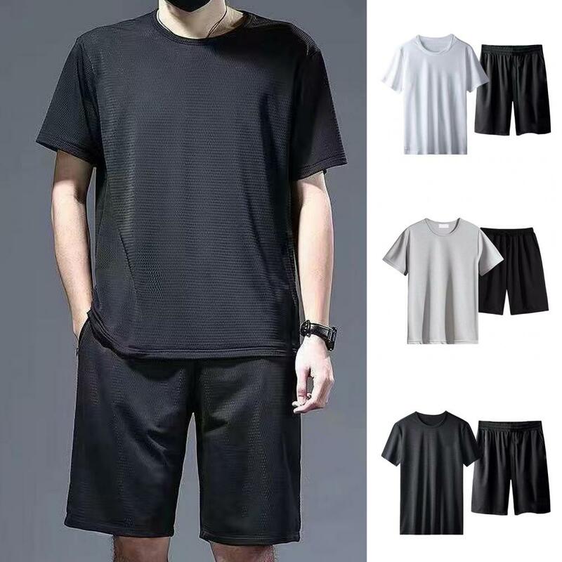 Running Shorts T-shirt Combo Men's Casual O-neck T-shirt Wide Leg Shorts Set Solid Color Sportswear Outfit with Elastic Waist