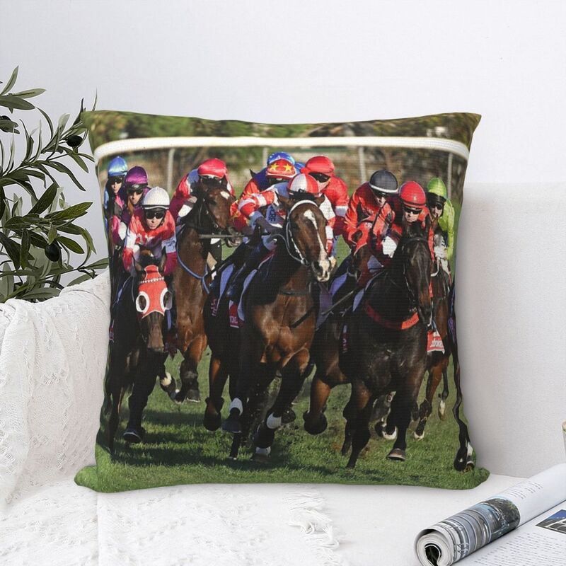 Poliéster almofada capa com design ação corridas de cavalos, travesseiro quadrado para casa e quarto