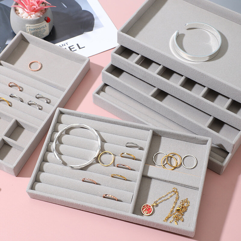 1PC Handmade DIY Jewelry Box Drawer Storage Organizer Gray Soft Velvet Jewellery Earring Necklace Pendant Bracelet Tray