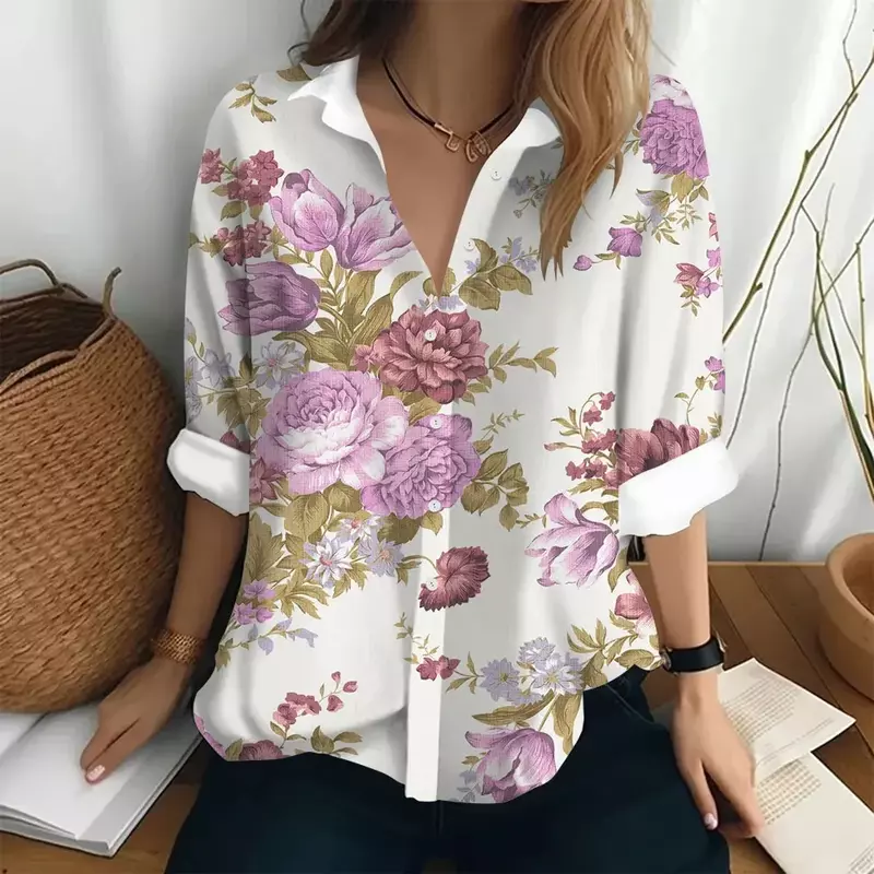 Camisa hawaiana de manga larga para mujer, Top con solapa, estampado Digital 3D, patron kwiatowy, ropa nieformalna, camisa elegante
