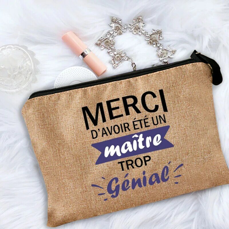 Women Makeup Bag Gift for Teacher Merci Maîtresse Teacher's Cosmetic Bag Thank You Mistress  Storage Bag Purse Zipper Pouches