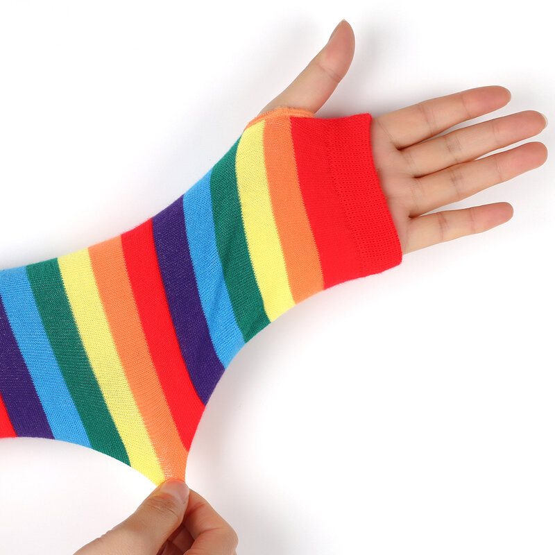 1 Pair Women Rainbow Striped Elbow Gloves Long Fingerless Gloves Striped Knitted Elbow Mittens Cotton Wrist Sleeves Arm Warmer