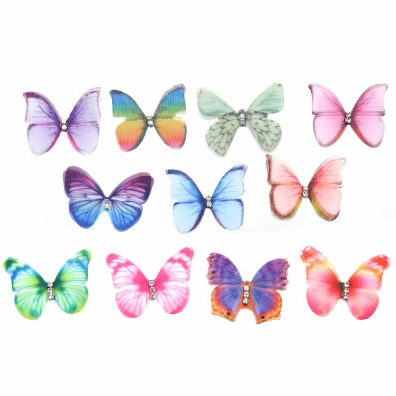 50Pcs Gradienten Farbe Organza Stoff Schmetterling Appliques 38Mm Transluzenten Chiffon Schmetterling für Party Decor, Puppe Verschönerung