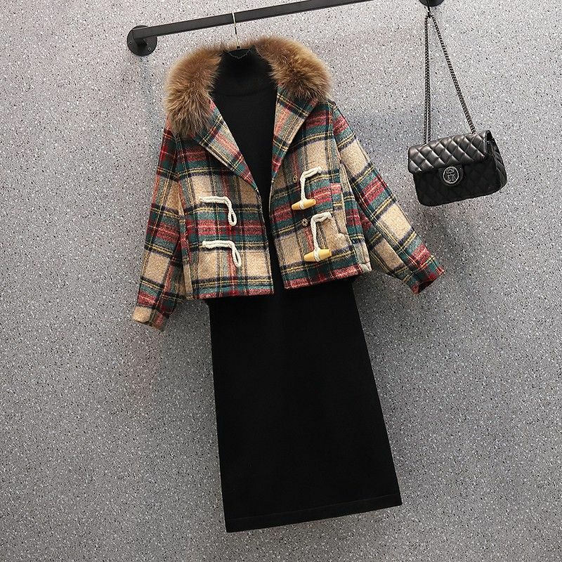 Fashion Women's Set 2023 Autumn/Winter New Korean Edition Slim and Thickened Woolen Coat Casual Dress Two Piece Set