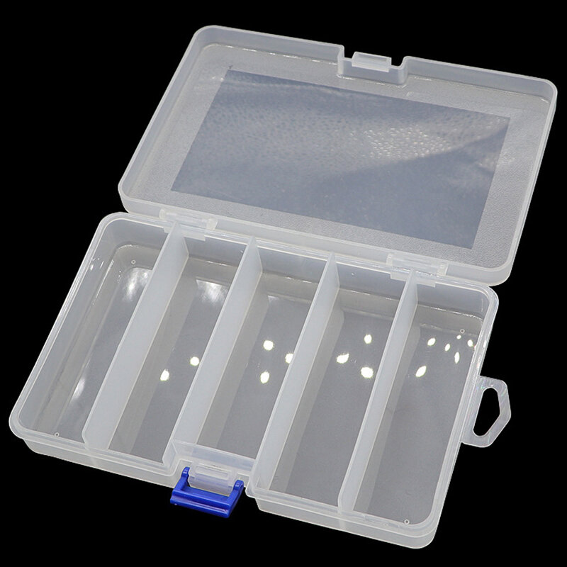Transparente Plastic Fishing Tackle Box, Fake Bait Hook, Isca Acessório Organizador, 5 compartimentos, Ray Frog