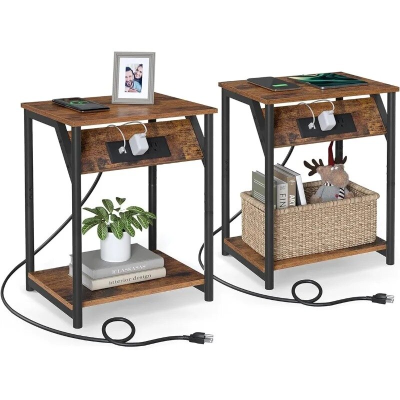 VASAGLE End Table with Charging Station, Set of 2,  Nightstand with Outlets and USB Ports, Bedside Table with Storage