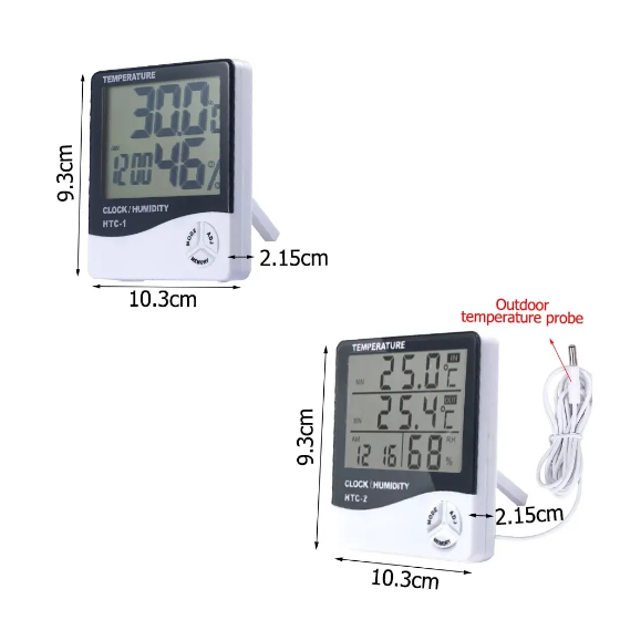 Higrômetro eletrônico digital LCD, higrômetro doméstico inteligente, relógio de estação meteorológica, termômetro ao ar livre, HTC-1, HTC-2