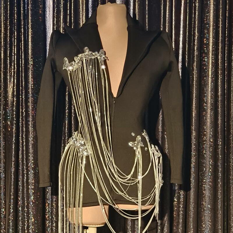 Fashion Black Butterfly Tassel Suit Jacket Festival Outfit Show Stage Performance Wear Women Club Party Sequin Blazer Dress