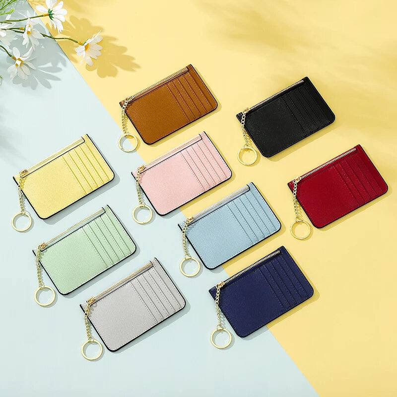 Multi-card Slot Ultra-thin Small Wallet PU Leather Mini Card Holder Women Wallet ID Card Keychain Credit Card Holder Solid Color