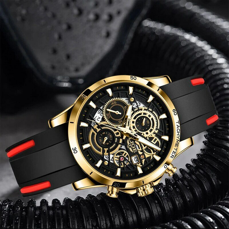 LIGE New Military Watches for Men Luxury Sport Chronograph  WristWatch ​Waterproof Quartz Big Clock Creative  Male Watch  Silico