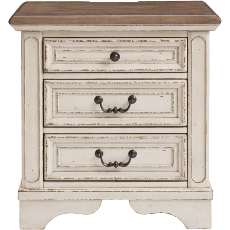 Design firmato di Ashley Realyn French Country 3 cassetti comodino con prese elettriche e porte USB, bianco scheggiato