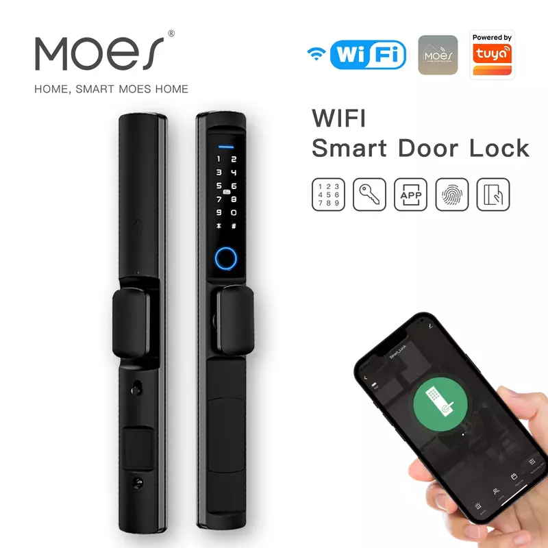 MOES WiFi Smart Narrow Side Fingerprint Coded Door Lock Remote Control Waterproof Short Handle for Slim Thin Frame Glass Sliding