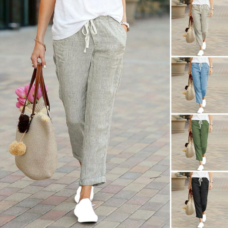 Women Casual Pants Al Loose Fit Elastic Waist Drawstring Long Trousers With Pockets Solid Color Office Lady Trousers Streetwear