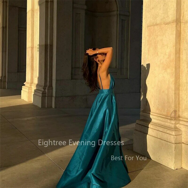 Eightree Elegant Modern Evening Dresses A Line Spaghetti strap Backless V neck Prom Dress Pleats Party Gowns vestidos para mujer