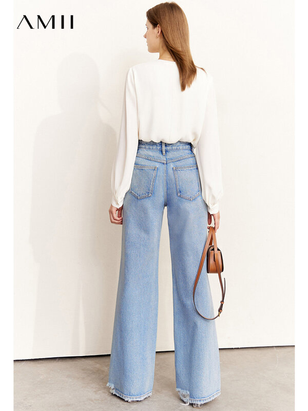 AMII minimalizm jeansy damskie jesienne dorywczo wysokiej talii 100% bawełniane spodnie szerokie nogawki Ins koreańskie proste jeansowe niebieskie spodnie 12270354