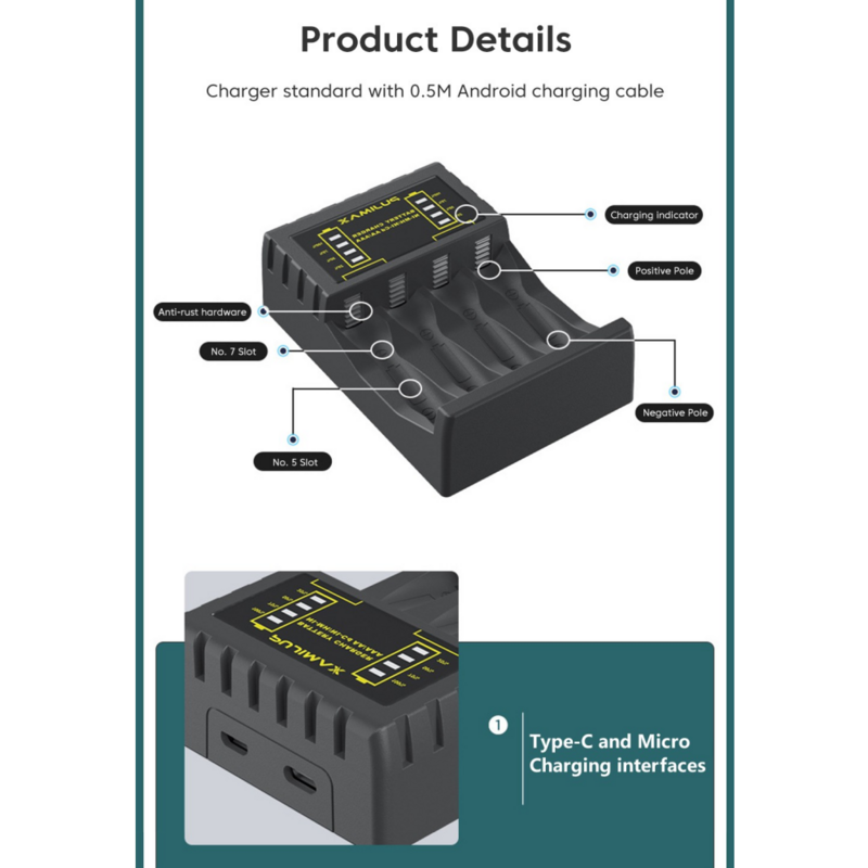 Batterie Ladegerät 4 Slot Intelligente Schnelle Ladung Mit Anzeige Für 1,2 V NiMH NiCd AAA/AA Akkus USB C Micro Jack