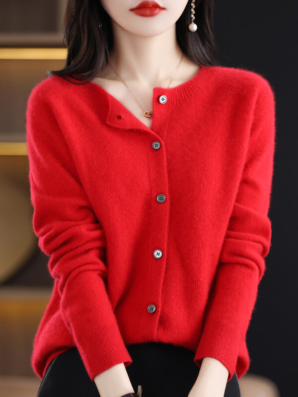 Nuova moda primavera 100% lana Merino donna o-collo Cardigan maglione di cachemire 2024 abbigliamento femminile maglieria grazia top coreani