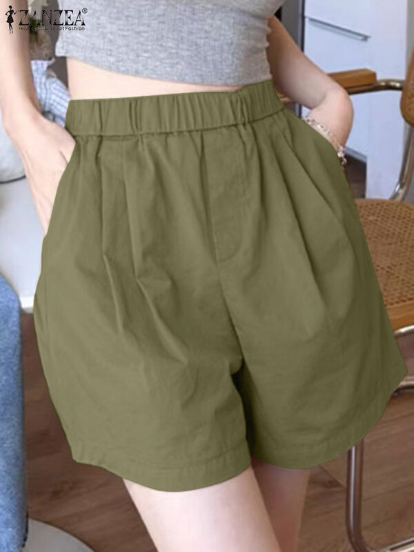 ZANZEA damska szorty na lato modna elastyczna talia jednolity kolor, spodnie na co dzień luźna plaża Palazzo artystyczna wakacyjna Pantalon Oversize