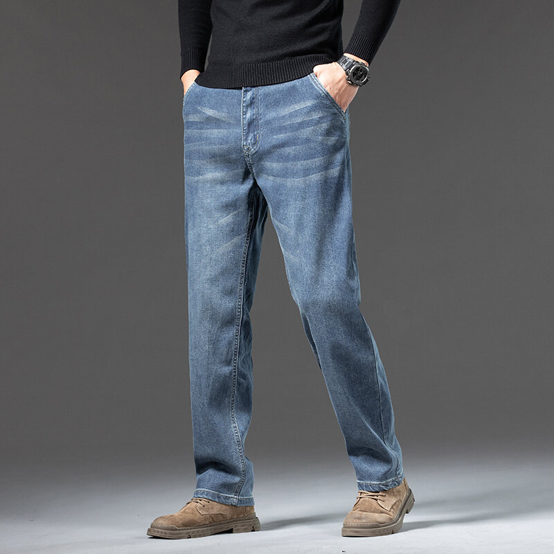 Джинсы Lyocell мужские прямые свободные, деловые брюки с завышенной талией, утепленные штаны в стиле ретро, голубые, на весну и осень, осень