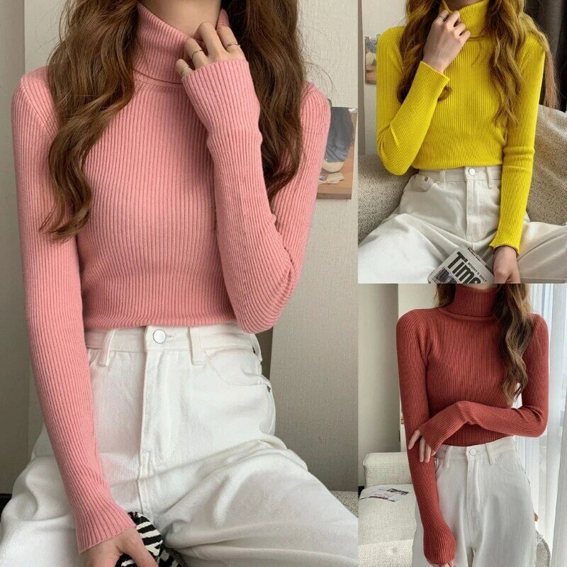 Ribbed Knit Turtleneck Sweater Women Solid Color Basic Pullover Jumper Top Dropship