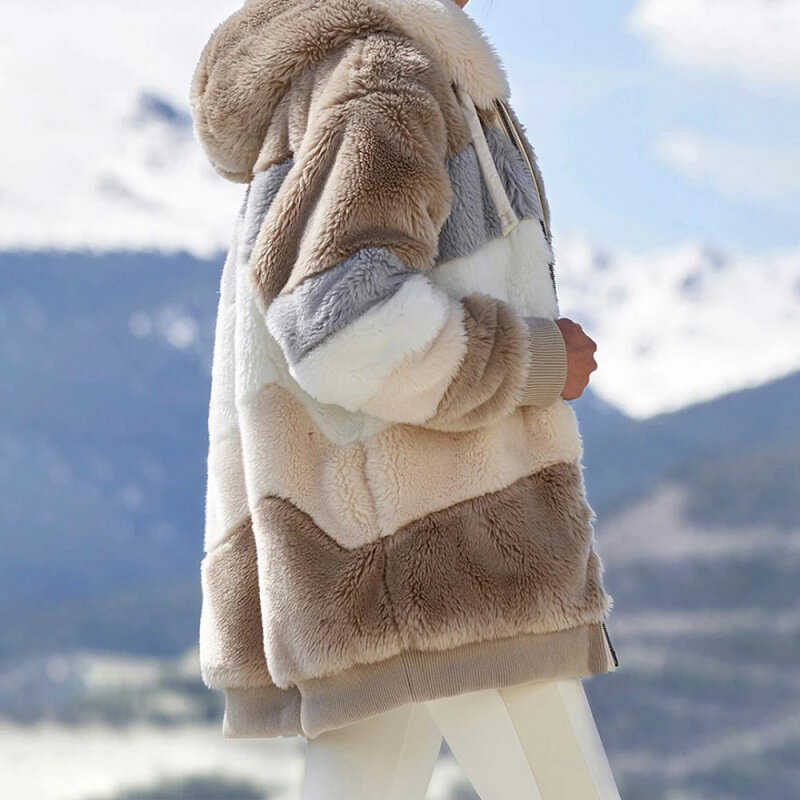 Soprabito da donna autunno inverno caldo allentato giacche Casual colori a contrasto cerniera con cappuccio lanugine cappotto termico abbigliamento
