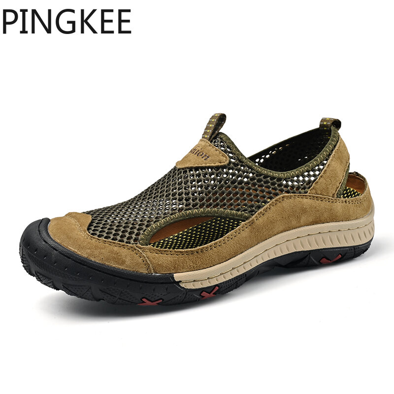 PINGKEE Grip Round Toe Bumper Man Leather Mesh Upper Wading Trail Trekking Backpacking Sneakers Hiking Sandals For Men Shoes
