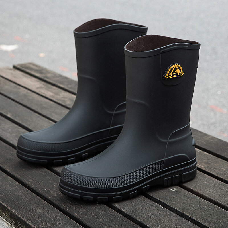 Botas de chuva de borracha impermeáveis masculinas, sapatos de água antiderrapantes, botas de chuva de meia panturrilha, sapatos de segurança no trabalho