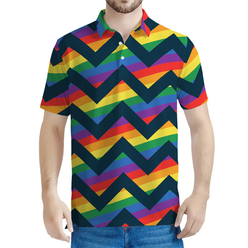 Рубашка-поло ЛГБТ мужская с радужным рисунком, короткий рукав, Повседневная Уличная рубашка-поло с 3D принтом гордости, на пуговицах, с лацканами, лето