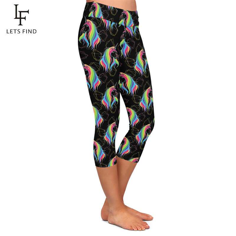 LETSFIND-Leggings Capri de cintura alta para mujer, pantalones de media pantorrilla, cómodos, con estampado de unicornio 3D, color negro