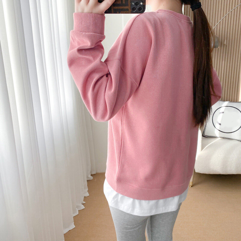 Pregnancy Clothes Loose Leisure Spring Style Fake Two Pieces Embroidered Breastfeeding Hoodie Breastfeeding Clothes 8669