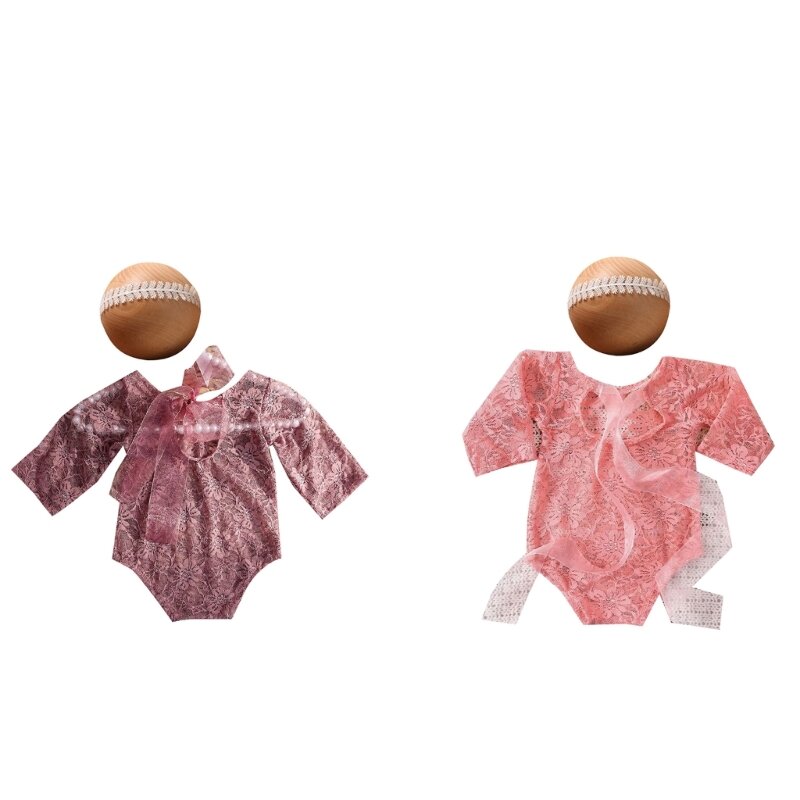Eleganti accessori per fotografia neonato Pagliaccetto per bambina in pizzo con fascia per capelli abbinata Set abiti
