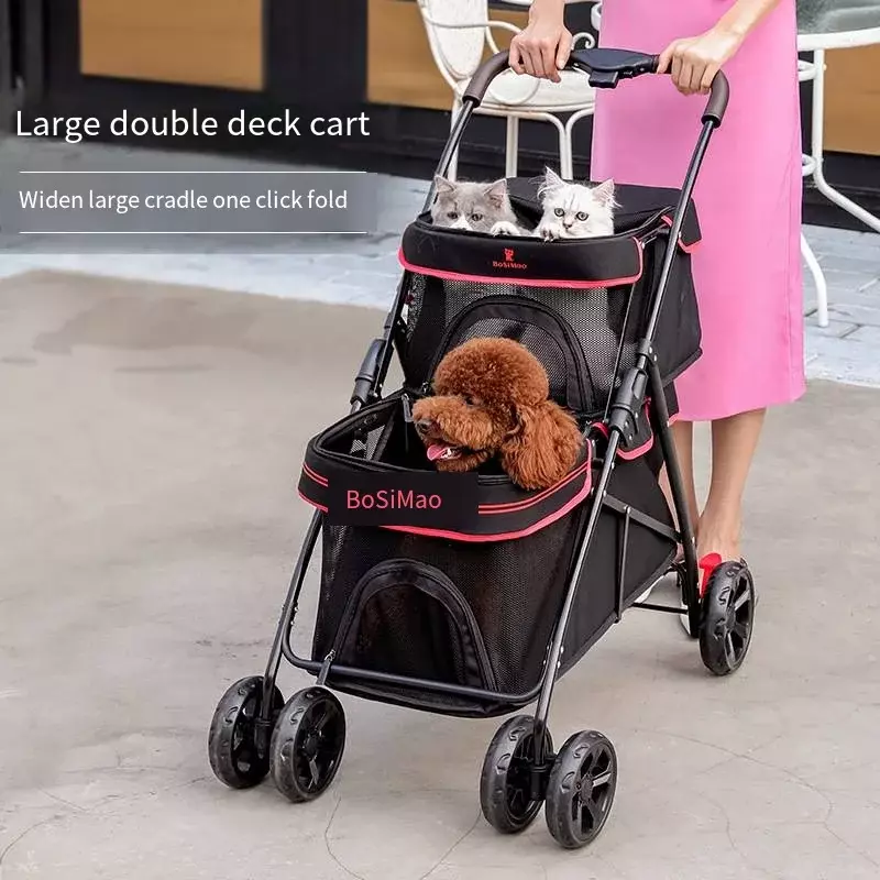 Powiększony poszerzony dwuwarstwowy wózek dla psów spacerowych składany lekki wózek dla średnich koty i psy