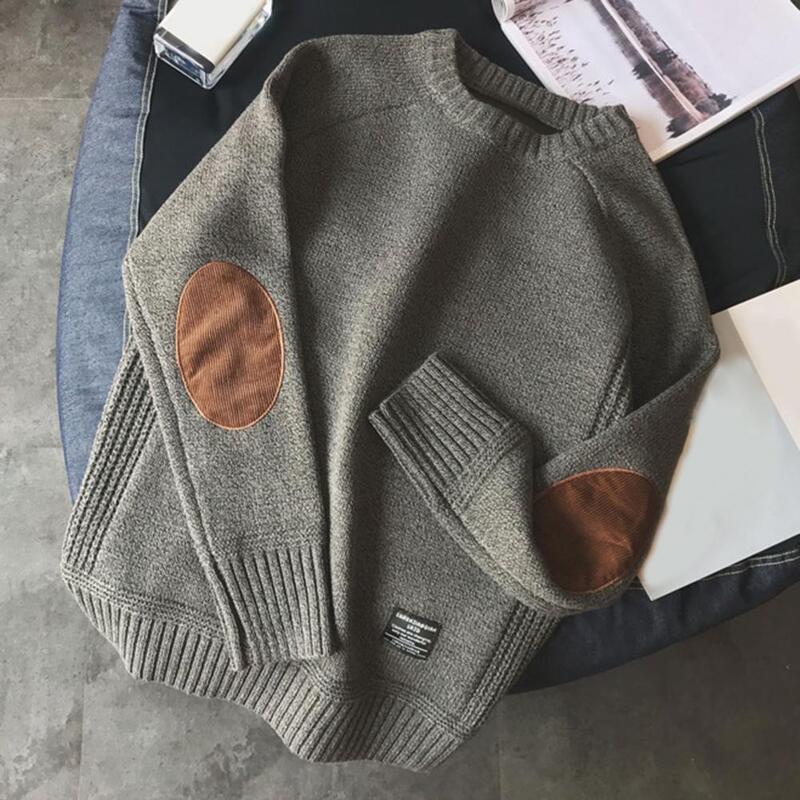 Men Sweater Solid Color Knitted Pullover Crewneck Patchwork Sleeve Winter Sweater for Daily Wear