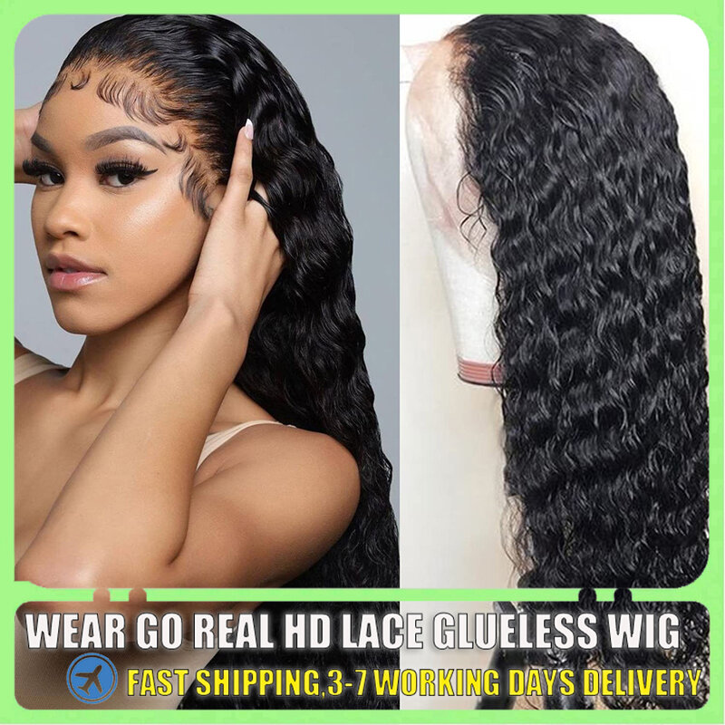 Perruque Lace Front Wig Deep Wave Brésilienne Naturelle, Cheveux Bouclés, Sans Colle, 13x4, 13x6 HD, pour Femme Africaine
