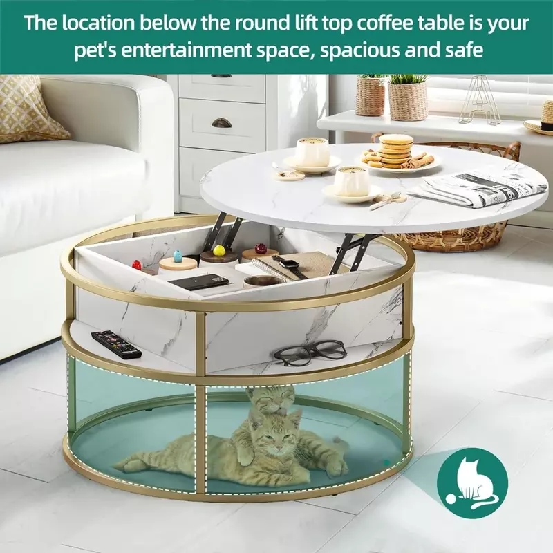 Stolik kawowy okrągły stół podnoszony, salon marmur z magazynem, z szafki do przechowywania, do biura domowego, okrągły, biały