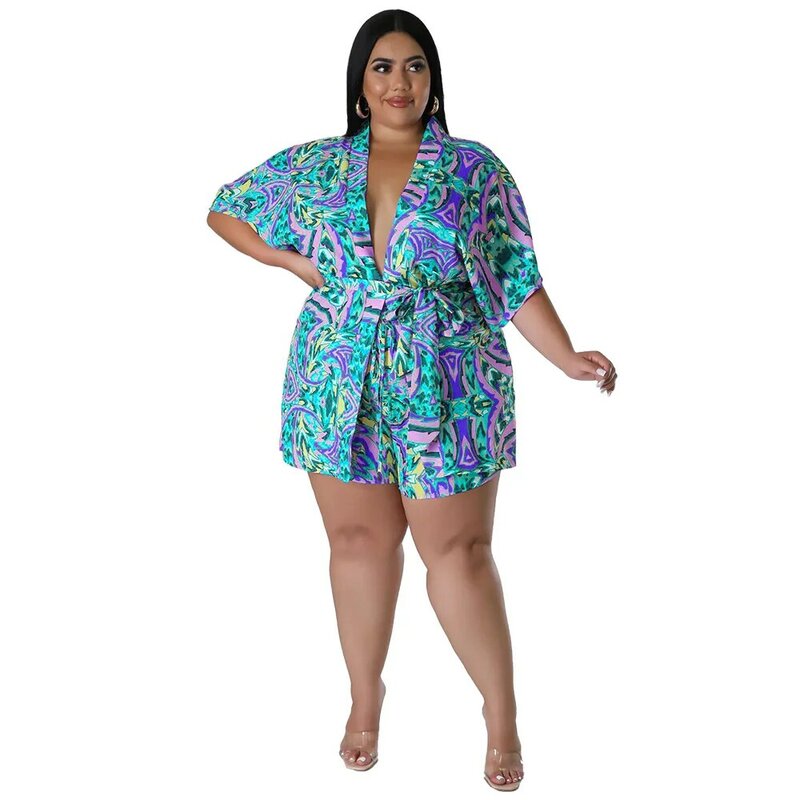 Plus Size Fashion Loose Printed Two Piece Shorts Set Summer Short Sleeve Lace Blouse Shorts Casual Tracksuit Streetwear Outfits