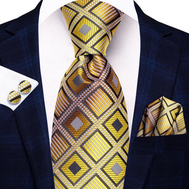 Amarelo cinza xadrez gravata de casamento de seda para homens presente masculino gravata handky cufflink conjunto de moda festa de negócios dropship oi-tie designer