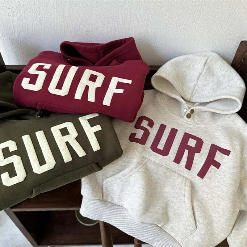 2024 Children's Hoodie Sweatshirts Loose Thickened Letter Korean Style Baby Boys Girls Plush Sweater Casual Top Winter