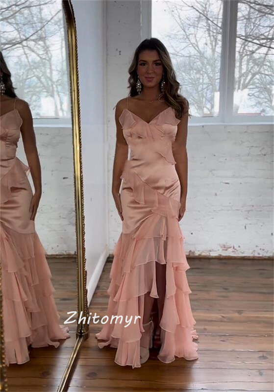 Modern Style Formal Evening V-Neck A-line Tiered Floor-Length Chiffon Bespoke Occasion Dresses  