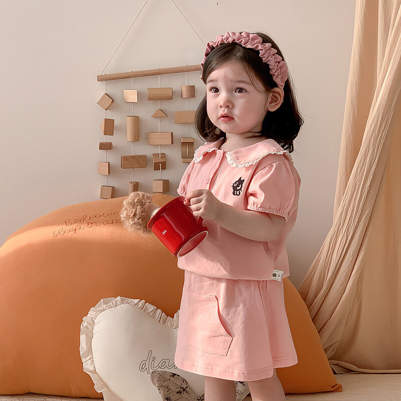 Conjunto de ropa de 2 piezas para niña recién nacida, ropa Coreana de manga corta abullonada, Tops con patrón de gato, traje de falda sólida, trajes de verano