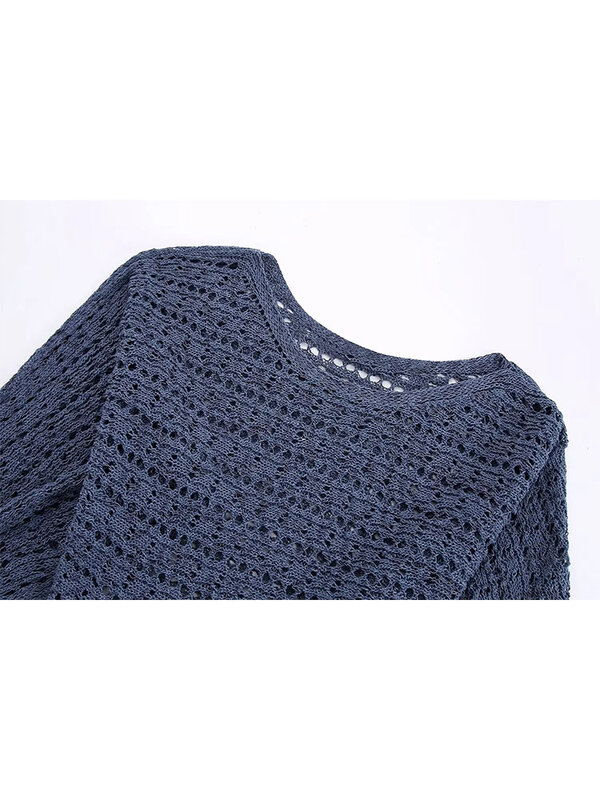 TRAF 2023 wiosna i lato nowy damski sweter jednolity kolor z okrągłym dekoltem z dziurką długie-sweter z rękawami klasyczny luźne ubrania retro