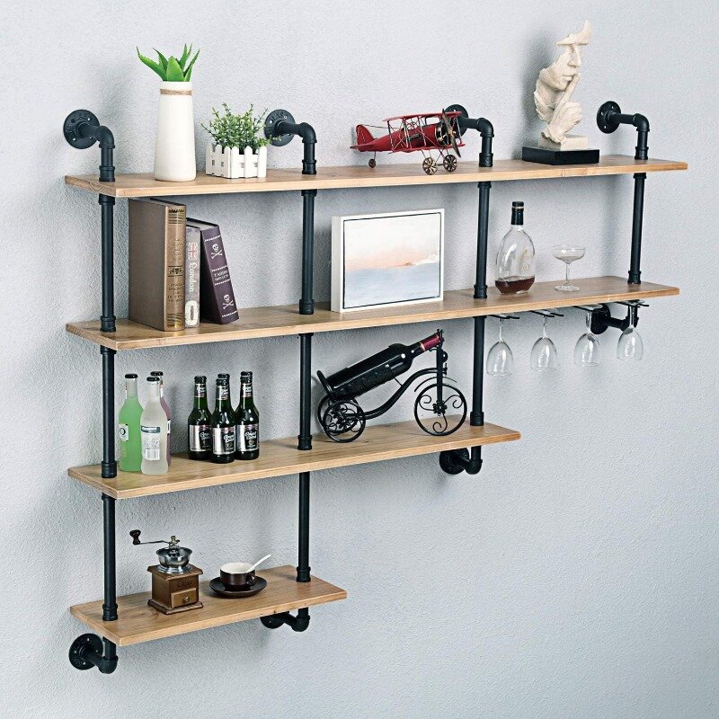 4-Tiers 63inch Industrial Pipe Shelving,Rustic Wooden&Metal Floating Shelves,Home Decor Shelves Wall Mount with Wine Rack