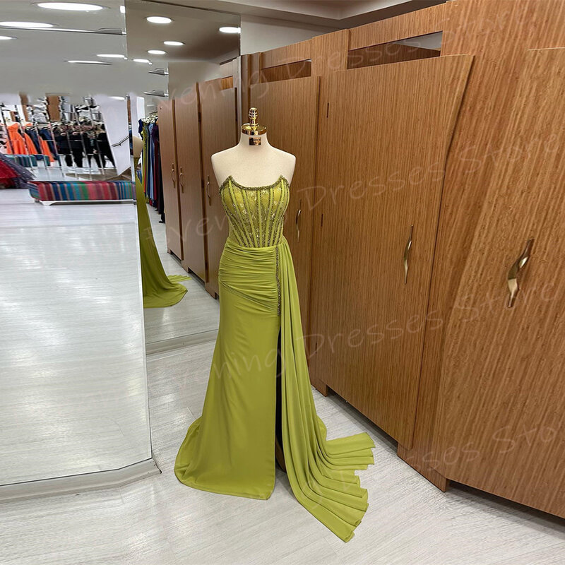 Classic Green Mermaid Elegant Women's Evening Dresses Charming Strapless Sleeveless Prom Gowns Beaded Pleated فساتين سعيد شارون