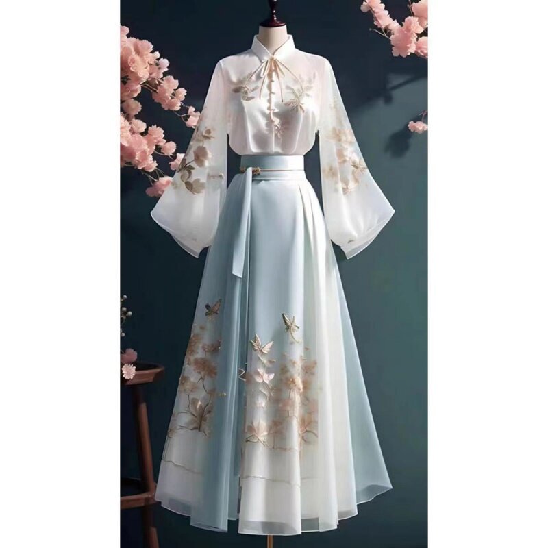 Chinese Style Chinese Style Zen Style Chinese Element Blue Two-Piece Set For Women's Ancient Vintage Spring And Summer Outfits