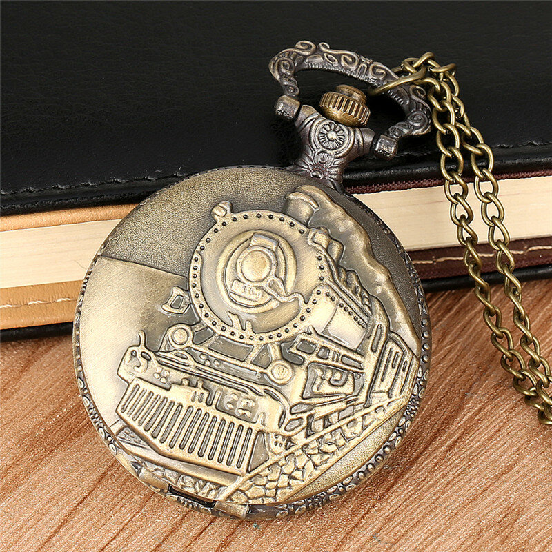 Steampunk Locomotive Engine Train Men Women Quartz Pocket Watch Necklace Chain Pendant Clock Arabic Number Display Timepiece