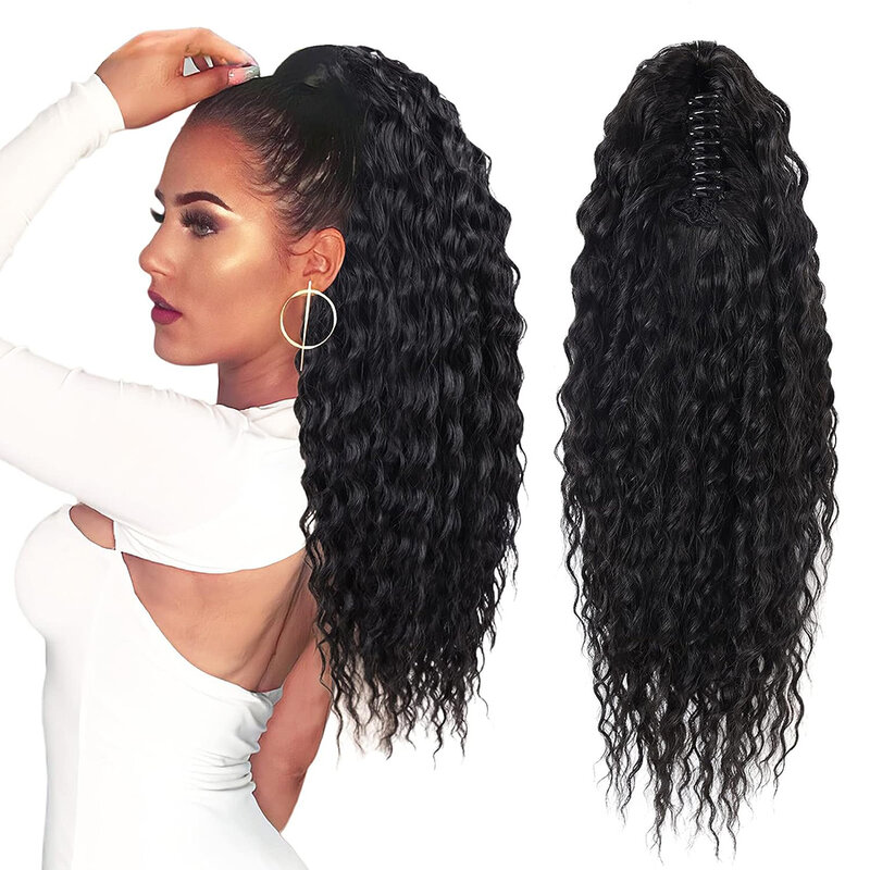 Highlight Drawstring Claw Ponytail Extension 20" Long Bohemian Curly Soft Clip in Hair Natural Synthetic Hairpiece For Women
