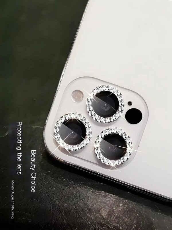 Diamante Flash Camera Lens Protector, Brilho Tijolo, Anel De Metal, Lente De Vidro, iPhone 14, 13, 15 Pro Max, Mini