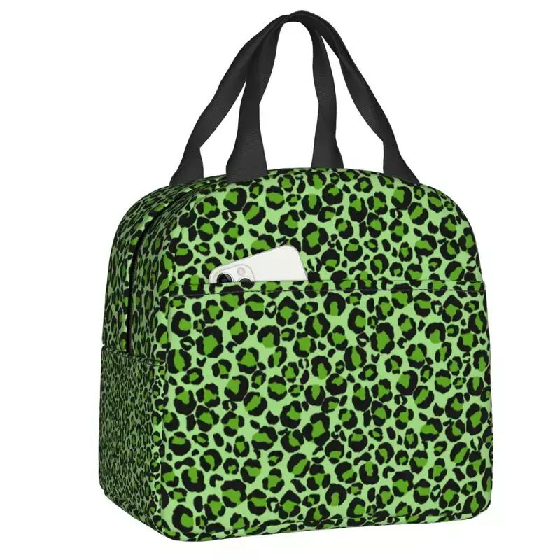 Green Leopard Cheetah Skin Printed Insulated Lunch Bag for Camping Travel Animal Portable Thermal Cooler Bento Box Women Kids