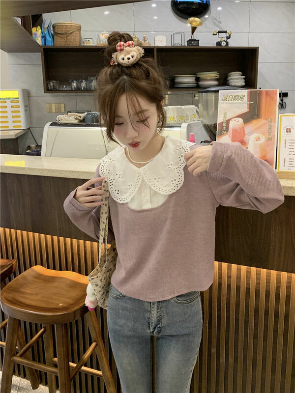 Blus wanita tambal sulam renda manis pendek kerah Peter Pan palsu dua potong Kawaii Mode Korea longgar Chic musim semi siswa
