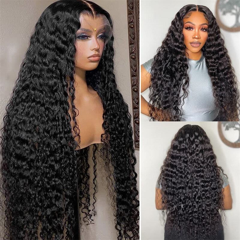Curly Lace Frontal Wig para Mulheres, HD Transparente, Onda Profunda, Molhado e Ondulado, Cabelo Humano, 13x4
